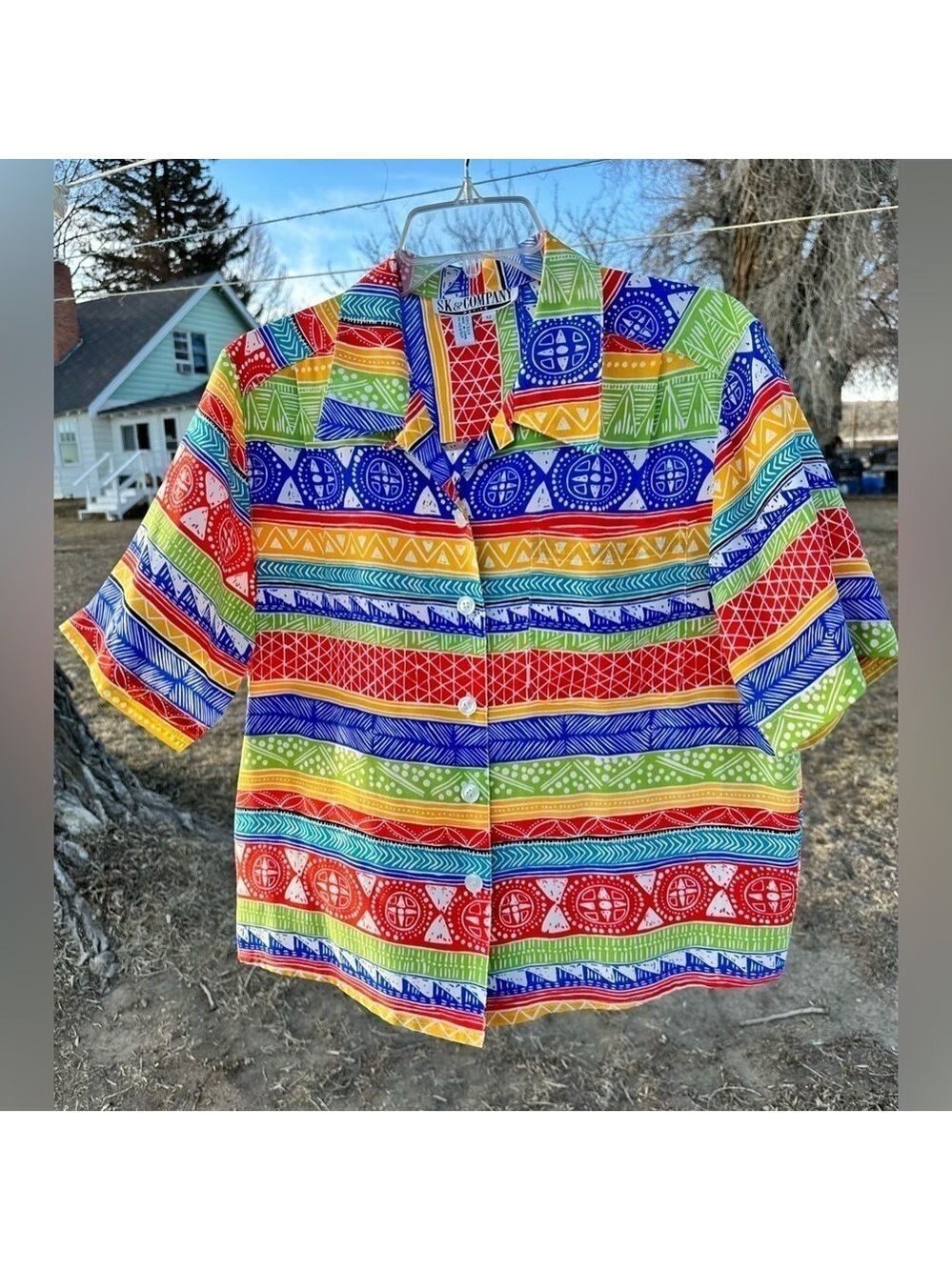 S & K Company 100% Silk Nautical Blouse Womens 12 Petite Multicolor Tropical Top